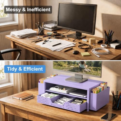 ECOLOVI Desk Organizer and Accessories, 2-Tier Computer Monitor Stand Rise with Storage Drawer & 2 Pen Holders, Laptop & Printer Stand for Desktop, Workspace Organizers for Office Supplies (Purple)