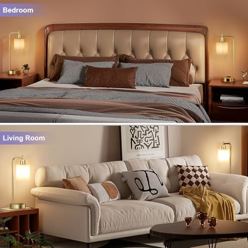 Innqoo Industrial Gold Table Lamps for Bedrooms Set of 2-3-Way Dimmable Desk Lamp with USB C+A Ports and Outlet, Gold Lamps with Opal Glass Shade for Living Room, Desk Lamps for Home Office