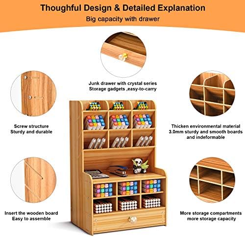 Marbrasse Wooden Desk Stationary Organizer, Multi-Functional Pen Holder, Storage Rack for School Home Office Art Supplie (B16-Cherry Color)