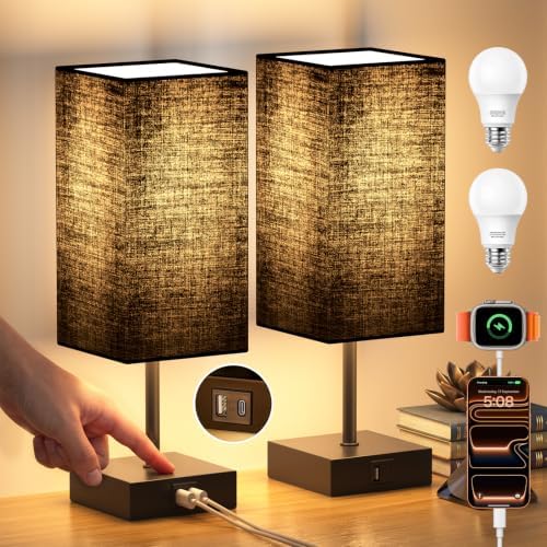 Bedside Table Lamps for Bedroom Touch Nightstand Lamp with USB C+A