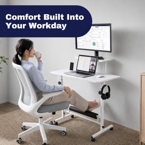 Small Rolling Desk with Wheels, Adjustable Height 27"-43.3" Portable Standing Desk, 31.5"x15.7" Tabletop, Mobile Laptop Computer Table for Home Office Workstation, White