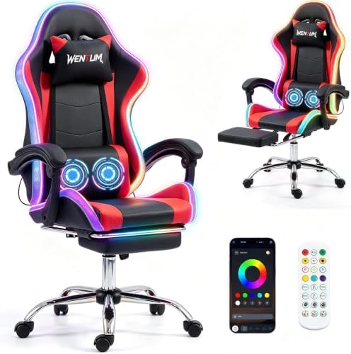 LED Lights Gaming Chair with Footrest, Black/Red