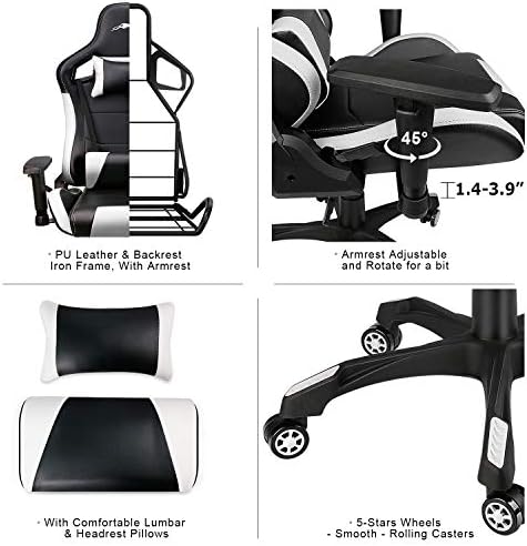 Leopard Gaming Chair, High Back PU Leather Office Chair, Adjustable Video Gaming Chairs, Swivel Racing Chair with Adjustable Armrest (Black/White)