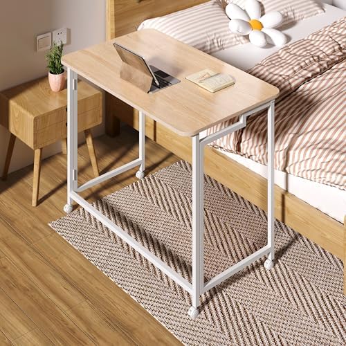 4NM 31.5" Mobile Small Rolling Computer Desk, Folding Laptop Cart Table with Wheels, Portable Office Desk for Small Space Couch Bed - Natural and White