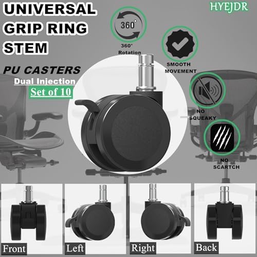 Office Chair Caster Wheels Replacement with Brake, 2.36"(60mm) Casters Replacement for Office Chair or Stool Wheel, Universal Size 11x22mm for Carpet and Hardwood Floors(Set of 10)