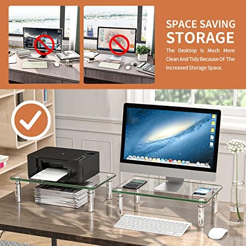 Hemudu 2 Pack Monitor Stand - 3 Adjustable Height Riser, Computer Stand, Desktop Organizer for PC, Laptop - Clear