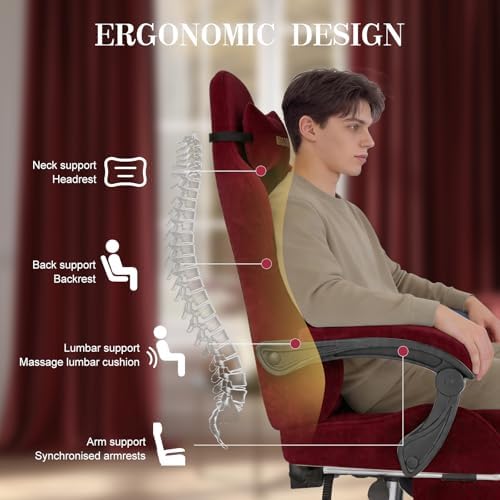 Ferghana Velvet Gaming Chair, 20.5 Inch Extra Wide Seat, Fire Embroidery Ergonomic High Back Computer Chair with Footrest, Massage Lumbar Support Reclining Gaming Chair for Adults, Red