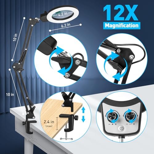 KIRKAS 12X Magnifying Glass with Light and Stand, Overhead Dual Knob