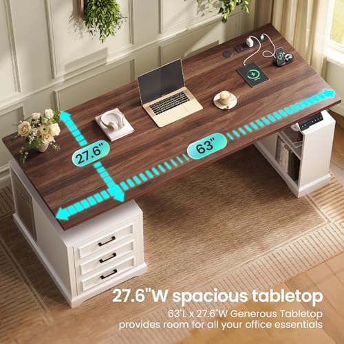 SEDETA 63" Farmhouse Electric Standing Desk with 3 Drawers, Storage Shelves