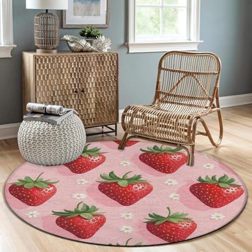 Women's Large Home Decor Mat, Soft Round Yoga Carpet, Non Slip Machine Washable Home Office Circle Rug Flowers Pink Strawberry