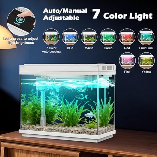Smart Aquarium Fish Tank with Silent Water Pump, 2.4 Gallon Small Aquarium with Quick Start Kit, Temperature Display, Humidifier and RGB Lights, Perfect for Home, Office, and Decor, White