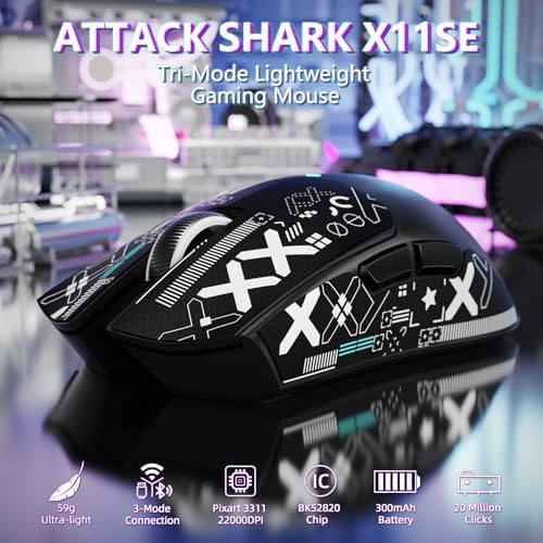 ATTACK SHARK X11 SE Tri Mode Lightweight Wireless Gaming Mouse - Black+Tape