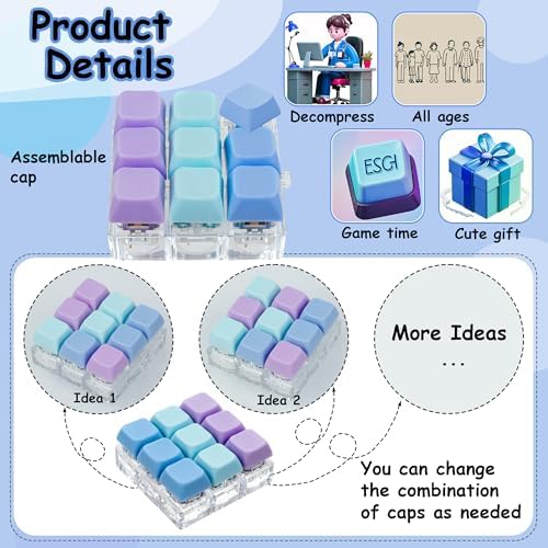 Keyboard Fidget Toy, Keyboard Fidget Keychain 9-in-1 Keyboard Decompression Button Finger Clicker Toys Stress Relief Fidget Gifts (3 Colors- Blue Purple)