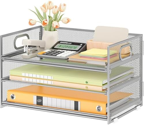 Subekyu 3 Tier Paper Desk Organizer with Handle and 1 PC Slideable Letter Tray, A4 Paper File Folder Sorter Metal Mesh Organizer for Home Office School Desk Supplies Organization Storage, Silver