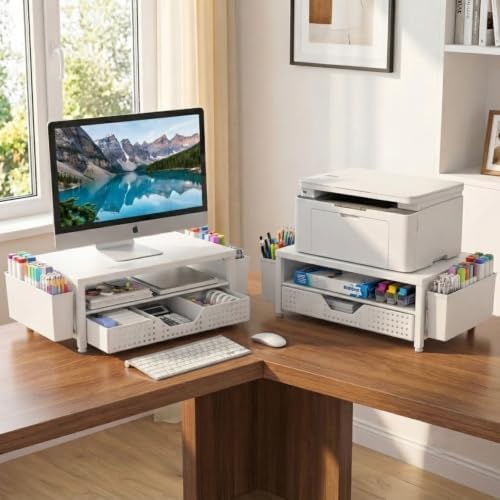 ECOLOVI Desk Organizer and Accessories, 2-Tier Computer Monitor Stand Rise with Storage Drawer & 2 Pen Holders, Laptop & Printer Stand for Desktop, Workspace Organizers for Office Supplies (White)
