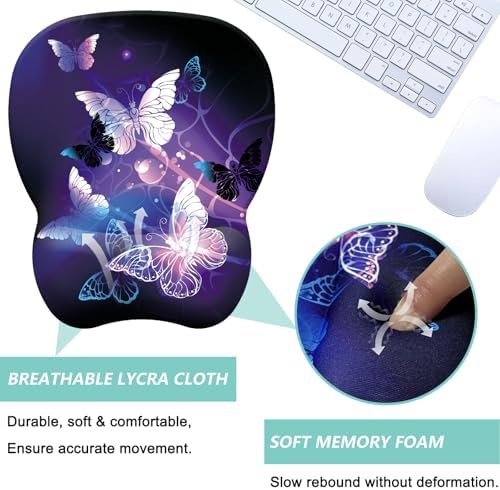 Mouse Pad with Wrist Support, Ergonomic Mousepad with Comfortable Memory Foam Wrist Rest Cushion, Relieve Wrist Pain, Non-Slip Rubber Base Gaming Mice Pad for Home Office Computer Laptop, Butterfly
