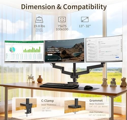 Triple Monitor Mount for 13-32" Screens, Monitor Stand with Long Arm