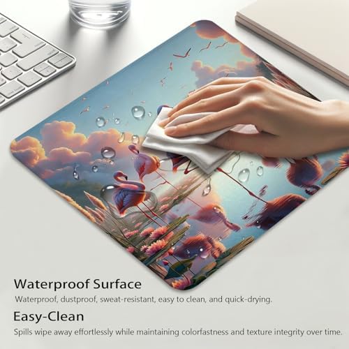 Flamingo Mouse Pad, Dreamy Lake and Exotic Birds Under Cloudy Sky Desk Mat