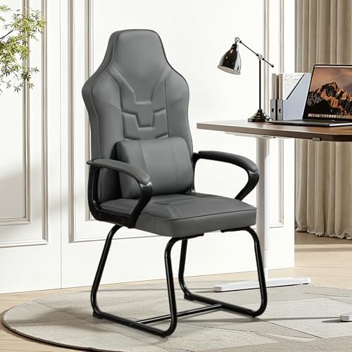 Leather Office Guest Chair No Wheels High Back Computer Reception Chairs with Padded Arms Waist Pillow for Gaming Meeting Conference Waiting Room, Grey