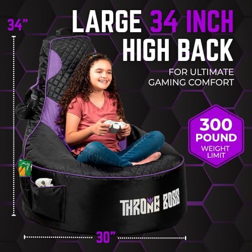 Gaming Bean Bag Chair Cover for Kids, High Back, Large Pockets, Purple