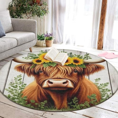 Fashion Round Area Rug Large Non Slip Carpet, Wooden Sunflower Highland Cow Unisex Home Decor Mat