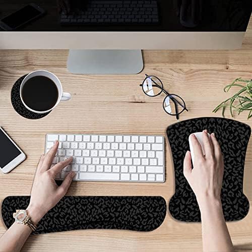 Keyboard Wrist Rest Pad and Ergonomic Mouse Pad Wrist Rest (with Coaster) Set, Non-Slip Base & with Memory Foam for Easy Typing and Wrist Pain Relief - Black Leopard Print