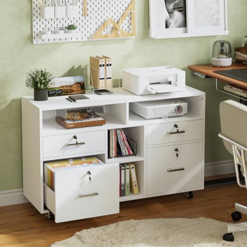 VINGLI Wood Mobile File Cabinet with 4 Drawers and Shelves, Printer Stand with Open Storage, Lockable Lateral Filing Cabinet for Home Office, Assembly Required, Light Beige Close to White