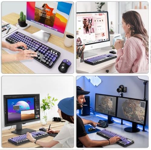 Purple Wireless Keyboard and Mouse Combo, Retro Round Keys,for PC Laptop