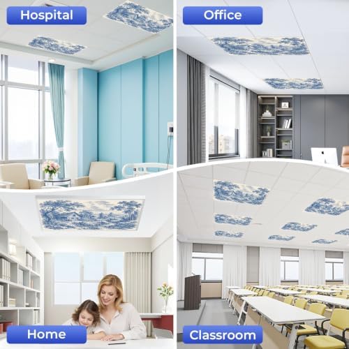 4 Pcs Fluorescent Light Covers for Ceiling Lights Woodland vintage Blue white Magnetic Light Filters Decorative for Classroom Office Hospital Home 4x2 Ft