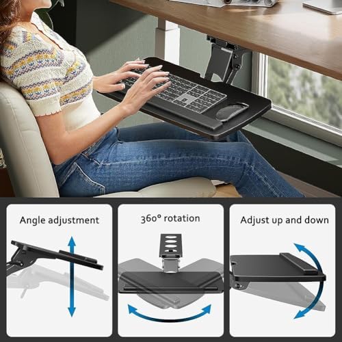 Keyboard Tray Under Desk Adjustable Height with Ergonomic Wrist Rest Pad, Ergonomic Keyboard Drawer, Swivels 360° with Adjustable Height and ±15° Tilt/Brown/Corner Slide Type, Black