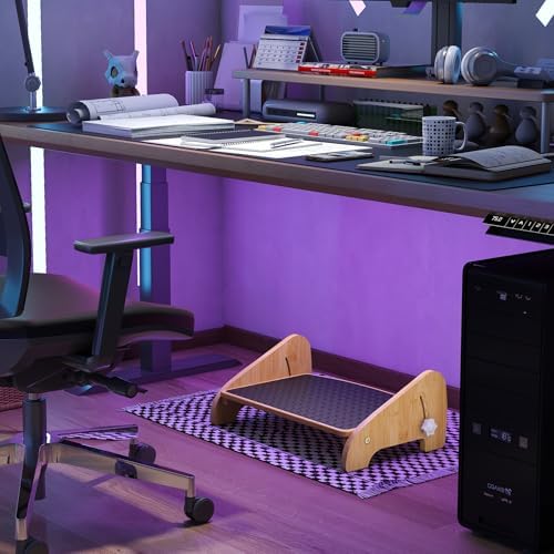 Under Desk Footrest, Foot Rest Under Desk with Side Rotating Button, 4 Adjustable Heights Wooden Office Footrest, Large Anti-Slip Surface, Wide Seat with Soft Bumps, Fit for Office, Living Room