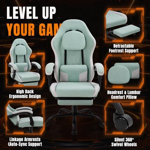 Video Gaming Chair, Ergonomic Office Chair with Footrest, Lumbar Support and Linkage Armrests, Swive Home Video Game Chairs for Adults, Mint Green