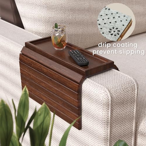 2 Pack Bamboo Folding Sofa Arm Tray with Anti-Slip Pad (Brown)