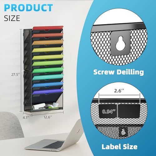 Marbrasse Wall File Holder 11-Tier Hanging Wall File Organizer, for Papers, Files Clipboard & Magazine Organizer, Wall Mount File Holder Great for Office Home (Black)