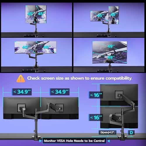 Dual Monitor Arm Desk Mount for 17-49 Inch Monitors Holds 44 lbs, Black