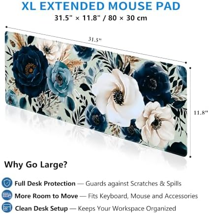 Extended Peony Florals Desk Mat, XL Large Gaming Mouse Pad, Elegant Flowers Boho Navy Blue Stitched Edges Waterproof Non-Slip Rubber Base for Computer Keyboard Laptop Work Home Office 31.5"x11.8"
