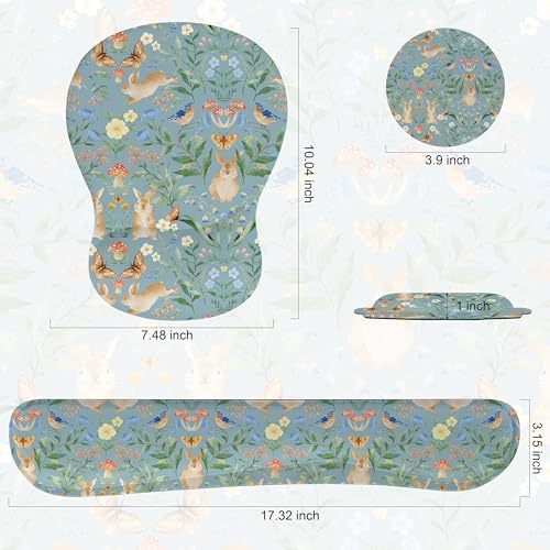 Mouse Pad Wrist Rest Support Keyboard Set Circle Coaster Gaming Mouse Pad Ergonomic Gel Memory Foam Set for Computer, Laptop, Office, Pain Relief, Comfortably Typing Rabbit KM-40