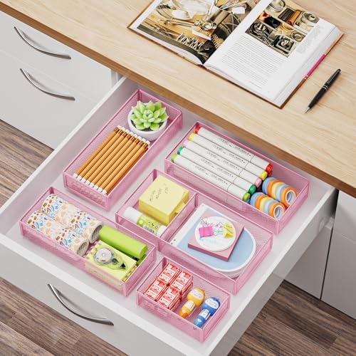 Marbrasse 5 Pack Desk Drawer Organizer Set, Mesh Drawer Storage Trays with 1 Adjustable Divider, Desk Organizers and Accessories, 5 PCS Drawer for Office Supplies, Makeup & Vanity (Pink)