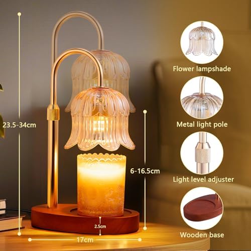 CRMILL Candle Warmer Lamp Electric Timer - Vintage Heater Candles Warming Height Adjustable Dimmable Warmers Flower Lamps No Flame Heat Warm Melt Wax Jar Modern Home