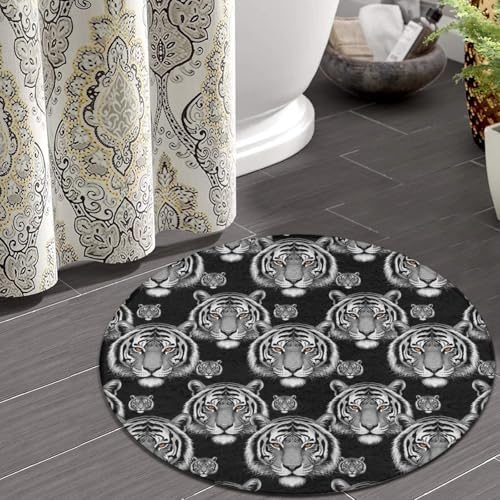 Large Machine Washable Circular Rugs, Home Decor Round Mat for Living Room Sofa Office Animal Tiger Black, 60inch
