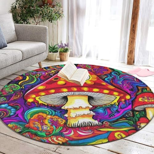 Large Round Area Rug Home Decor Modern Bathroom Rug Kitchen Office Circle Rug for Living Room Sofa Circle Cute Mat Trippy Eye Magical Mushroom Sun Moon Floral Art, 60inch