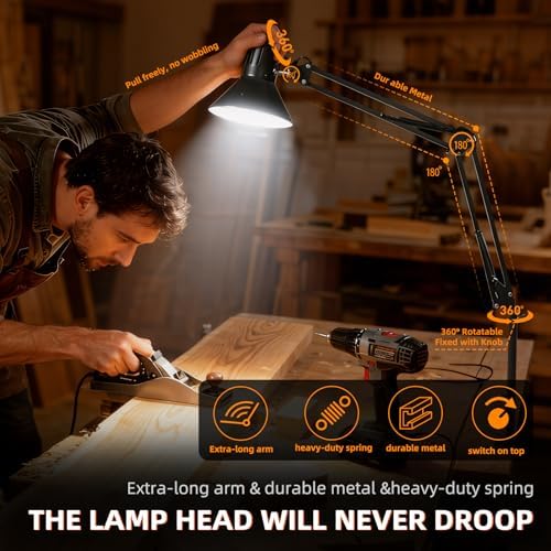 Black Dimmable Desk Lamp with Clamp, Extra-Tall Adjustable Swing Arm