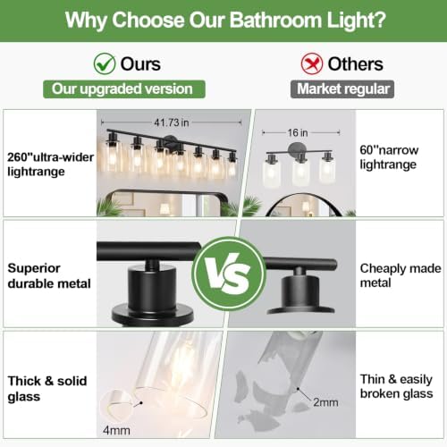Zarbitta 7-Light Bathroom Light Fixtures, Black Modern Vanity Lights with Clear Glass Shade, Bathroom Wall Lamp, for Mirror, Kitchen, Living Room, Hallway, Cabinet