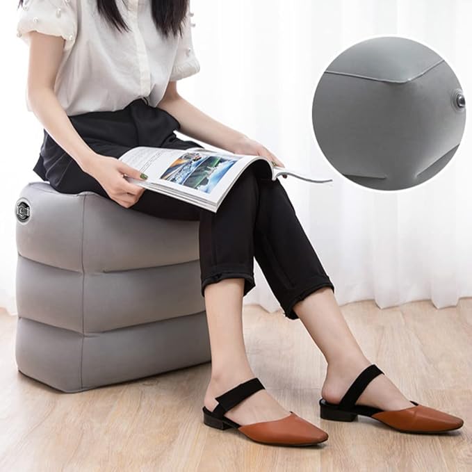 Inflatable Foot Rest Pillow for Travel, Adjustable Height Airplane Foot Cushion for Long Flights, Portable Comfort Footrest for Car, Office and Travel (Gray)