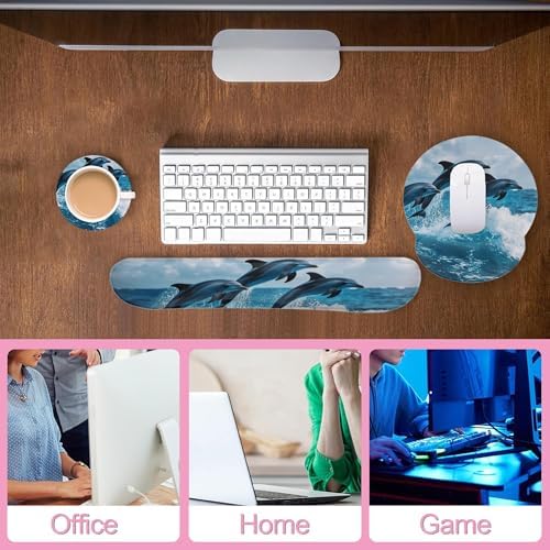 Dolphins in Ocean Ergonomic Wrist Support Keyboard Mouse Wrist Rest Set, Computer Office Comfortable Wrist Rest for Mouse Easy Typing