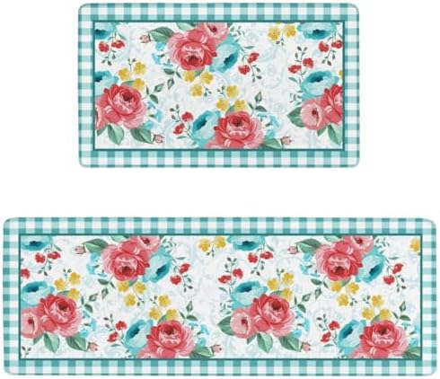 Pastel Floral Anti Fatigue Kitchen Rugs, 17.3"x47"+17.3"x29"