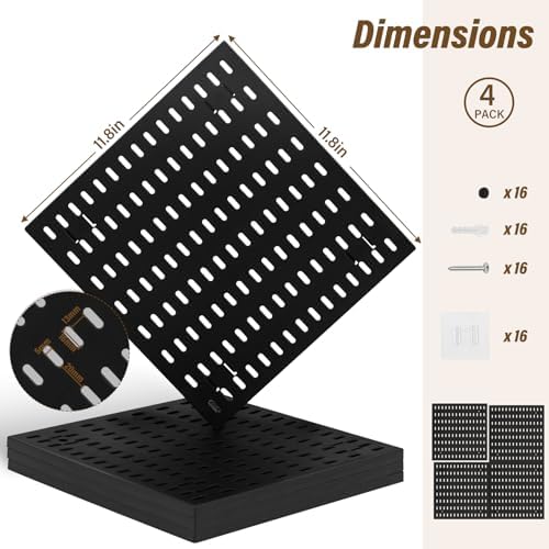 AKTOP Modular Plastic Peg Board Wall Organizer, 4 Pack, 12"x12", Black