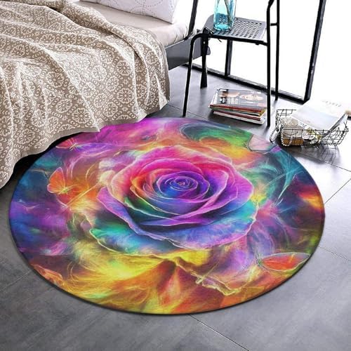 Room Sofa Yoga Soft Round Carpet, Home Decor Non Slip Kitchen Office Circle Rug, Machine Washable Modern Round Area Rug Trippy Tie Dye Rose Colorful Art, 24inch