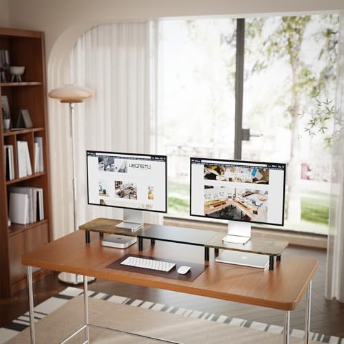 43.7" Extra Long Dual Monitor Stand Riser, Wood & Steel Monitor Stand for 2 Monitors, Wide TV Stand, Desktop Riser for Desk Organization, Home Office、Laptop,Printer,TV (Vintage black)