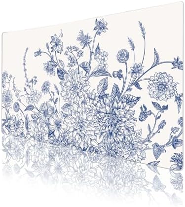 Faux Leather Large Mouse Pad, Office Desk Mat, 23.6"x13.8", Blue Flowers
